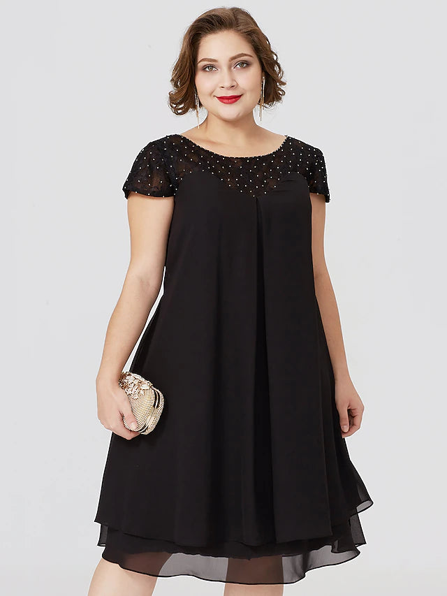 Etuikleid/Säulenkleid, formelles kleines Schwarzes, Übergröße, durchsichtig, Rundhalsausschnitt, knielang, Chiffon, Spitze, kurze Ärmel, nein, mit Falten, Perlenbesatz, Spitzeneinsatz